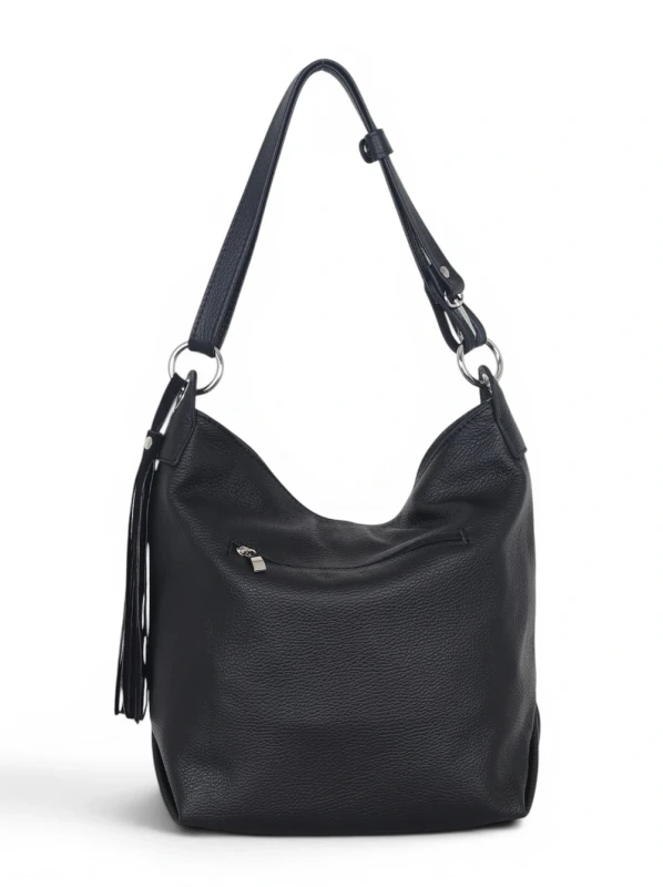 Włoska Torebka Worek Vera Pelle z Frędzlem – Skórzany Hobo Bag | Made in Italy | Czarna