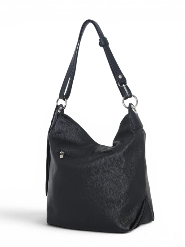 Włoska Torebka Worek Vera Pelle z Frędzlem – Skórzany Hobo Bag | Made in Italy | Czarna