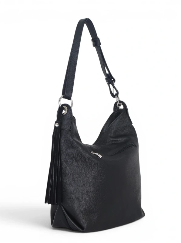 Włoska Torebka Worek Vera Pelle z Frędzlem – Skórzany Hobo Bag | Made in Italy | Czarna