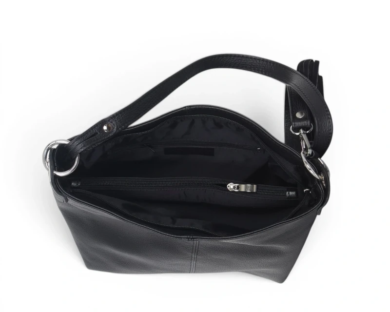 Włoska Torebka Worek Vera Pelle z Frędzlem – Skórzany Hobo Bag | Made in Italy | Czarna
