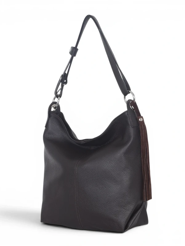 Włoska Torebka Worek Vera Pelle z Frędzlem – Skórzany Hobo Bag | Made in Italy | Czekolada