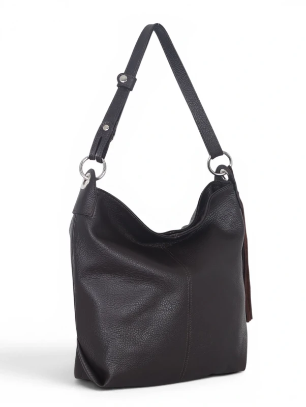 Włoska Torebka Worek Vera Pelle z Frędzlem – Skórzany Hobo Bag | Made in Italy | Czekolada