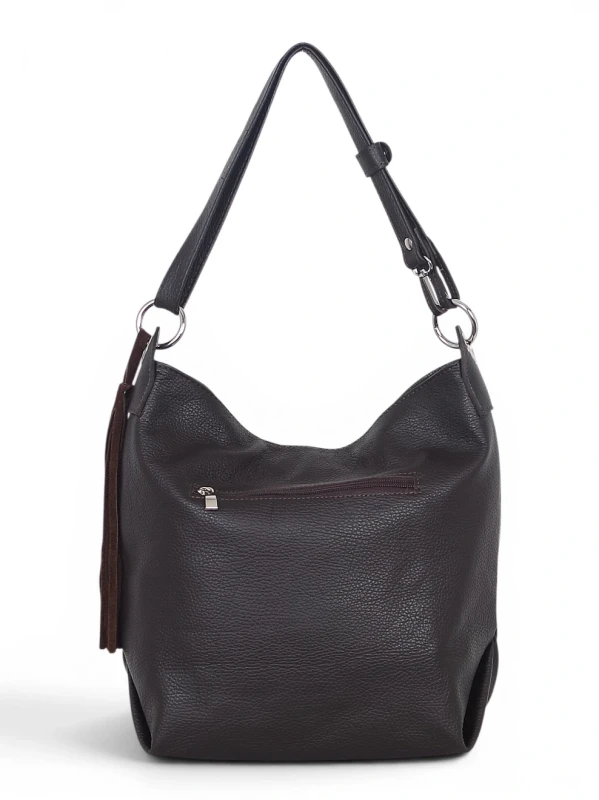 Włoska Torebka Worek Vera Pelle z Frędzlem – Skórzany Hobo Bag | Made in Italy | Czekolada