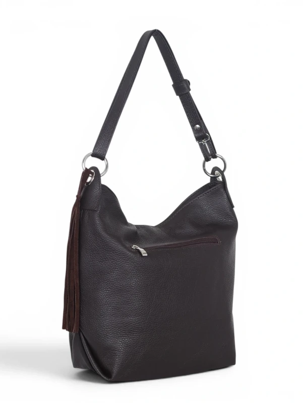 Włoska Torebka Worek Vera Pelle z Frędzlem – Skórzany Hobo Bag | Made in Italy | Czekolada