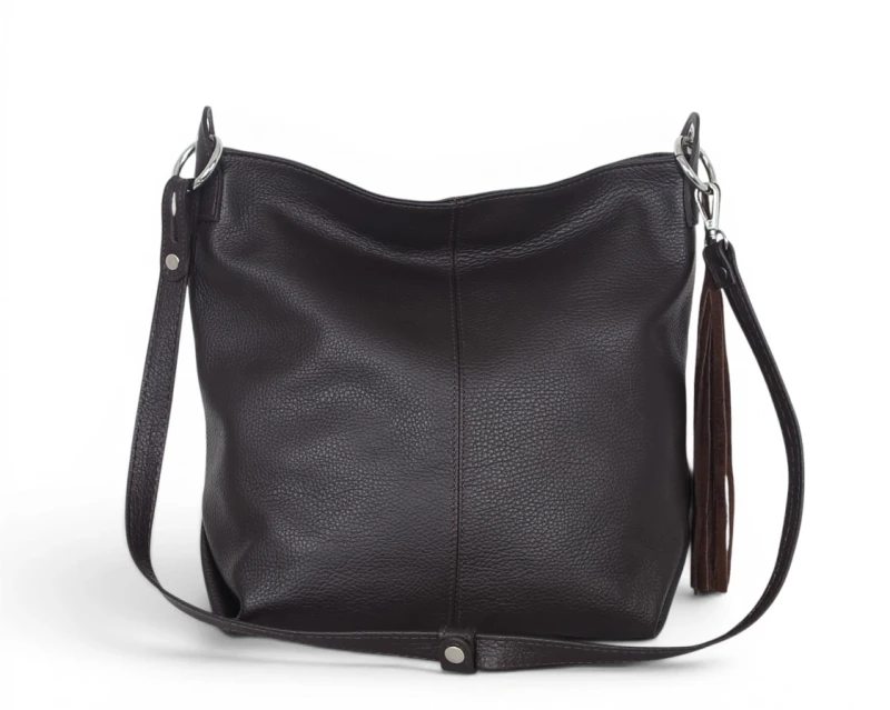 Włoska Torebka Worek Vera Pelle z Frędzlem – Skórzany Hobo Bag | Made in Italy | Czekolada
