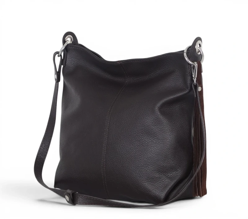 Włoska Torebka Worek Vera Pelle z Frędzlem – Skórzany Hobo Bag | Made in Italy | Czekolada