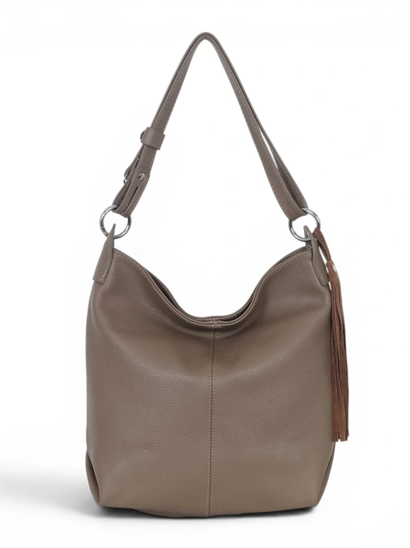 Włoska Torebka Worek Vera Pelle z Frędzlem – Skórzany Hobo Bag | Made in Italy | Taupe