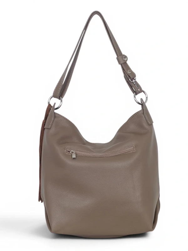 Włoska Torebka Worek Vera Pelle z Frędzlem – Skórzany Hobo Bag | Made in Italy | Taupe