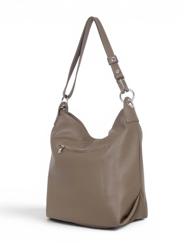 Włoska Torebka Worek Vera Pelle z Frędzlem – Skórzany Hobo Bag | Made in Italy | Taupe