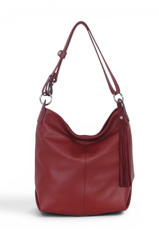 Włoska Torebka Worek Vera Pelle z Frędzlem – Skórzany Hobo Bag | Made in Italy | Bordo