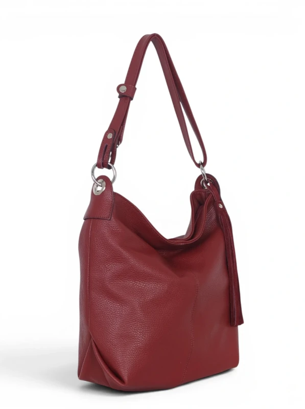 Włoska Torebka Worek Vera Pelle z Frędzlem – Skórzany Hobo Bag | Made in Italy | Bordo