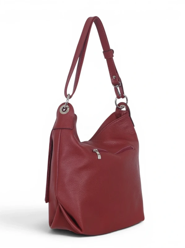 Włoska Torebka Worek Vera Pelle z Frędzlem – Skórzany Hobo Bag | Made in Italy | Bordo