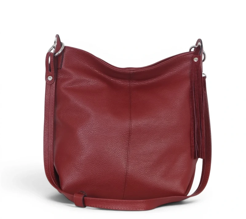 Włoska Torebka Worek Vera Pelle z Frędzlem – Skórzany Hobo Bag | Made in Italy | Bordo