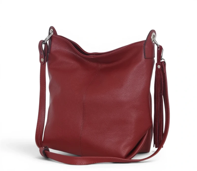 Włoska Torebka Worek Vera Pelle z Frędzlem – Skórzany Hobo Bag | Made in Italy | Bordo