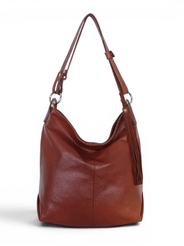 Włoska Torebka Worek Vera Pelle z Frędzlem – Skórzany Hobo Bag | Made in Italy | Brąz
