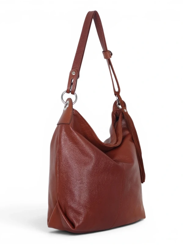 Włoska Torebka Worek Vera Pelle z Frędzlem – Skórzany Hobo Bag | Made in Italy | Brąz