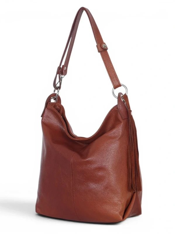 Włoska Torebka Worek Vera Pelle z Frędzlem – Skórzany Hobo Bag | Made in Italy | Brąz