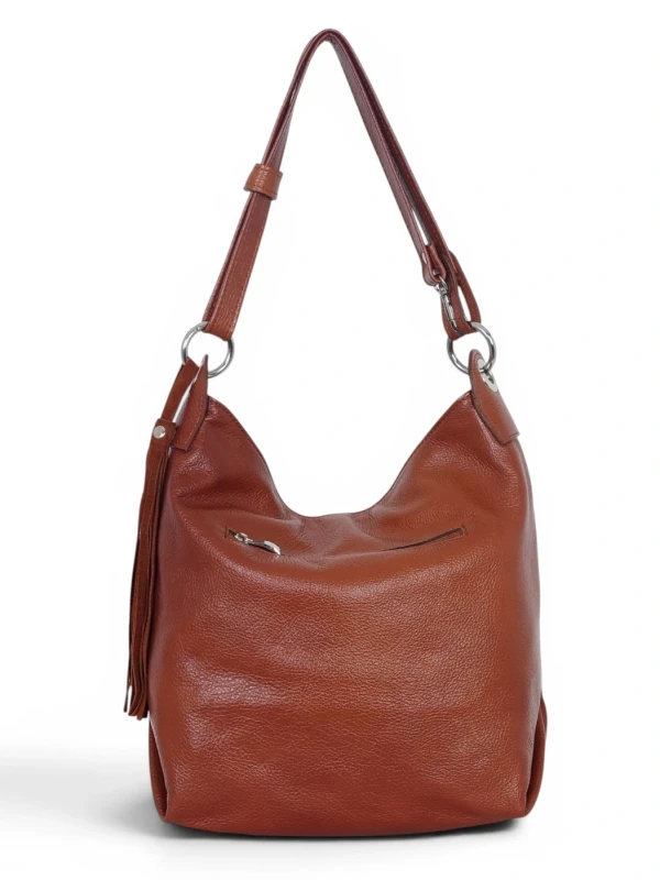 Włoska Torebka Worek Vera Pelle z Frędzlem – Skórzany Hobo Bag | Made in Italy | Brąz
