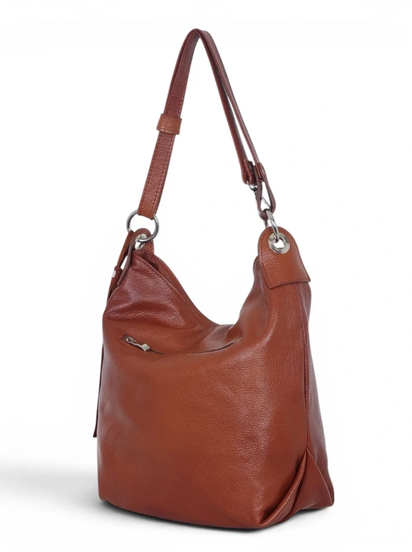 Włoska Torebka Worek Vera Pelle z Frędzlem – Skórzany Hobo Bag | Made in Italy | Brąz