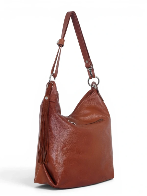 Włoska Torebka Worek Vera Pelle z Frędzlem – Skórzany Hobo Bag | Made in Italy | Brąz