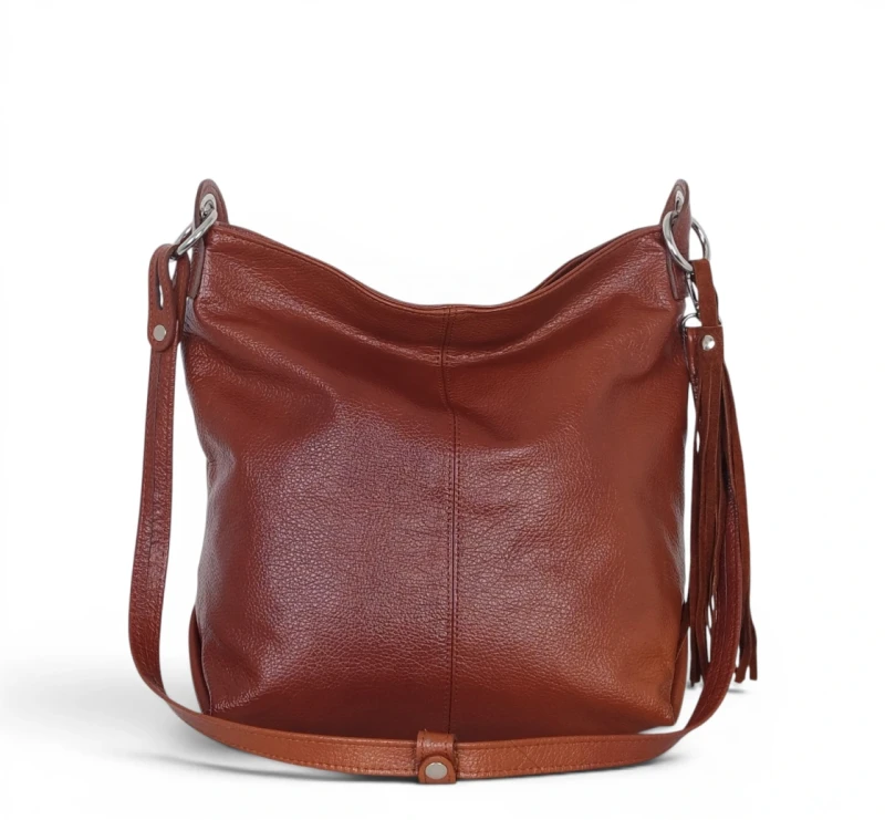 Włoska Torebka Worek Vera Pelle z Frędzlem – Skórzany Hobo Bag | Made in Italy | Brąz