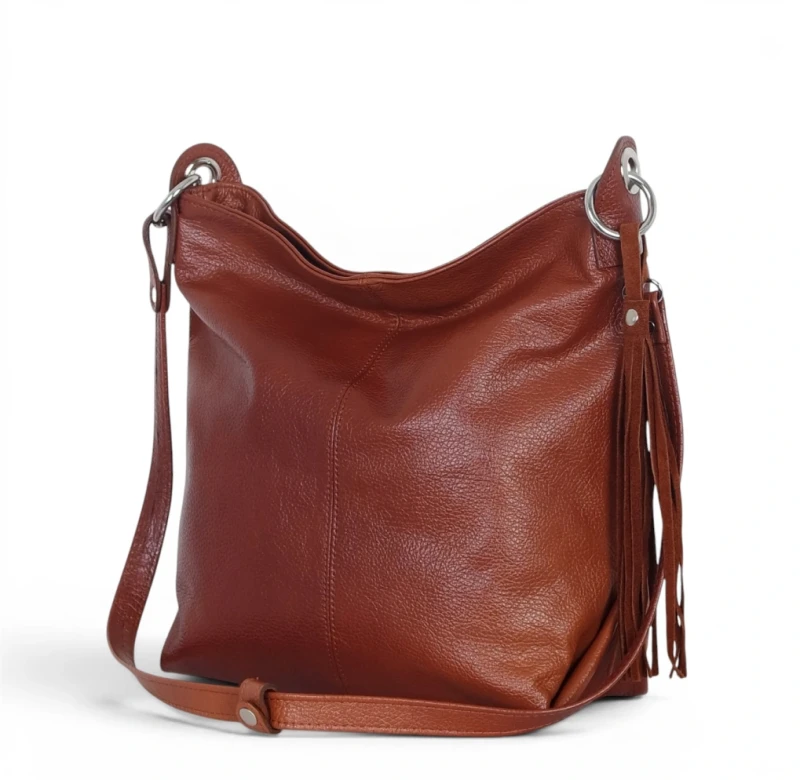 Włoska Torebka Worek Vera Pelle z Frędzlem – Skórzany Hobo Bag | Made in Italy | Brąz