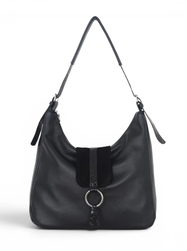 Włoska Torebka Worek Vera Pelle – Skórzany Hobo Bag | Zamsz i Skóra Naturalna | Czarna