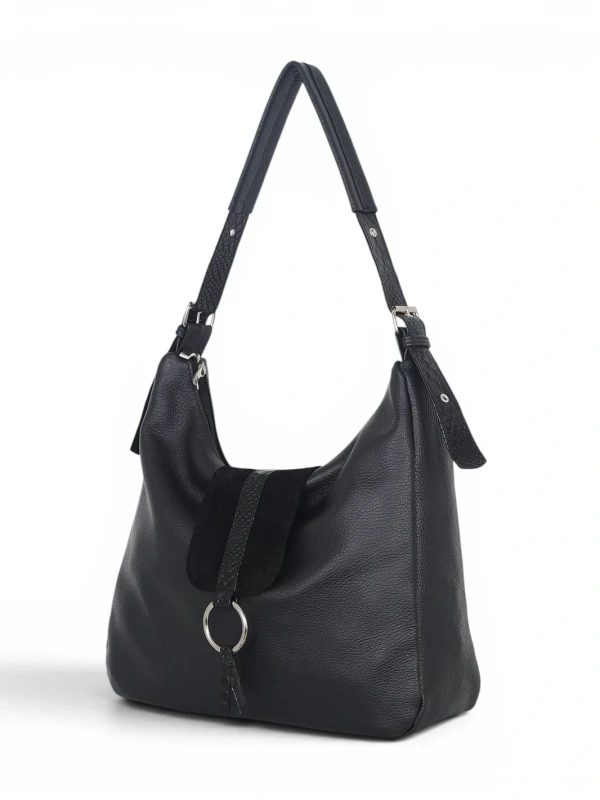 Włoska Torebka Worek Vera Pelle – Skórzany Hobo Bag | Zamsz i Skóra Naturalna | Czarna