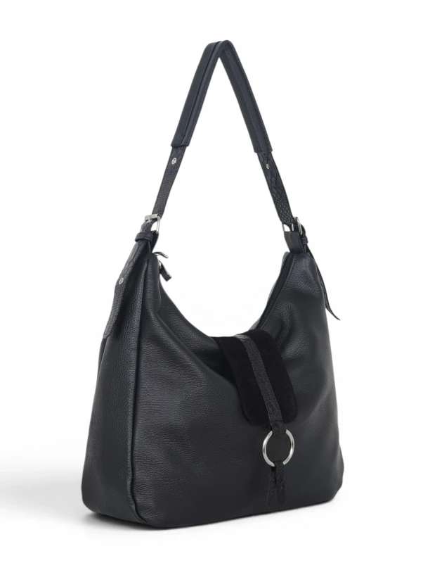 Włoska Torebka Worek Vera Pelle – Skórzany Hobo Bag | Zamsz i Skóra Naturalna | Czarna