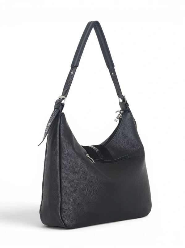 Włoska Torebka Worek Vera Pelle – Skórzany Hobo Bag | Zamsz i Skóra Naturalna | Czarna