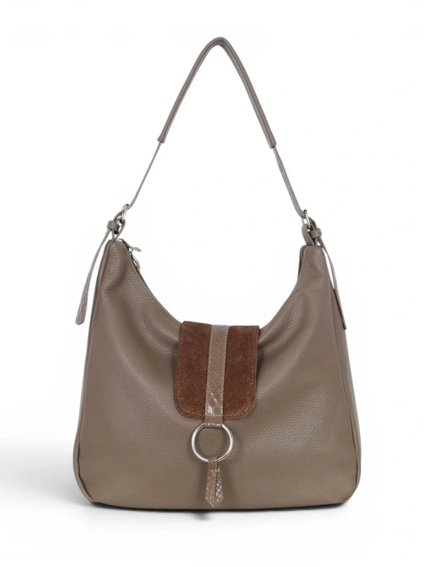 Włoska Torebka Worek Vera Pelle – Skórzany Hobo Bag | Zamsz i Skóra Naturalna | Taupe