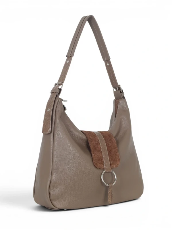 Włoska Torebka Worek Vera Pelle – Skórzany Hobo Bag | Zamsz i Skóra Naturalna | Taupe