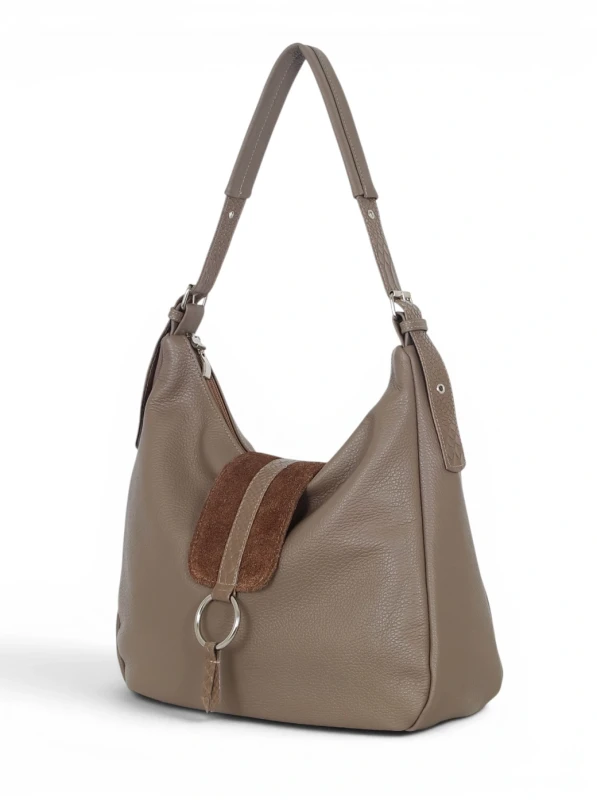 Włoska Torebka Worek Vera Pelle – Skórzany Hobo Bag | Zamsz i Skóra Naturalna | Taupe