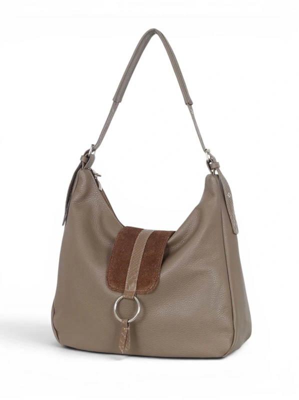 Włoska Torebka Worek Vera Pelle – Skórzany Hobo Bag | Zamsz i Skóra Naturalna | Taupe