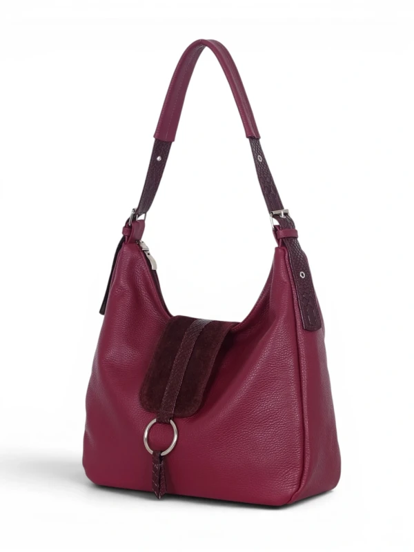 Włoska Torebka Worek Vera Pelle – Skórzany Hobo Bag | Zamsz i Skóra Naturalna | Bordo