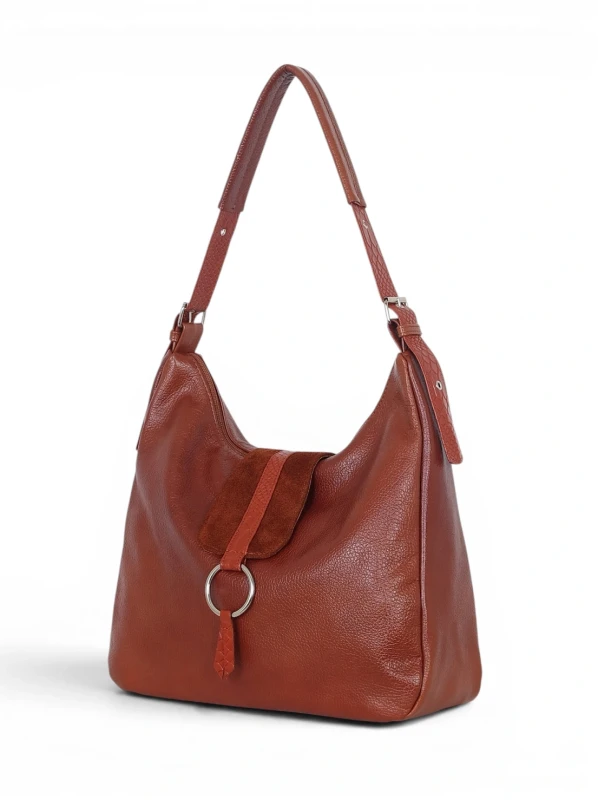 Włoska Torebka Worek Vera Pelle – Skórzany Hobo Bag | Zamsz i Skóra Naturalna | Brąz cieniowany