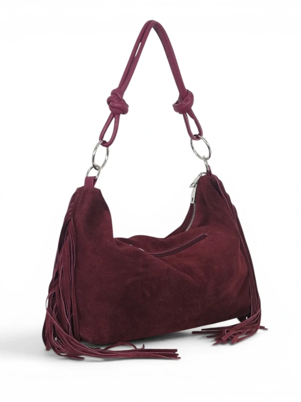 Włoska Torebka Zamszowa Worek z Frędzlami Vera Pelle – Hobo Bag z Plecioną Rączką | Burgund