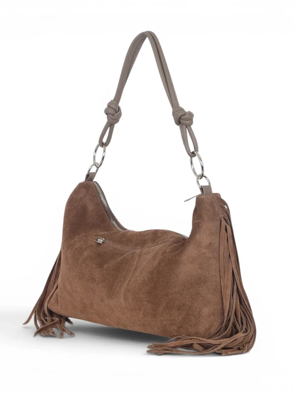 Włoska Torebka Zamszowa Worek z Frędzlami Vera Pelle – Hobo Bag z Plecioną Rączką | Taupe