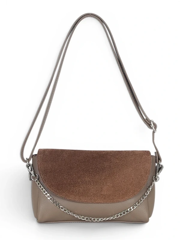 Włoska Torebka Listonoszka Vera Pelle – Mała Torba na Ramię z Zamszową Klapą | Skóra Naturalna | Taupe