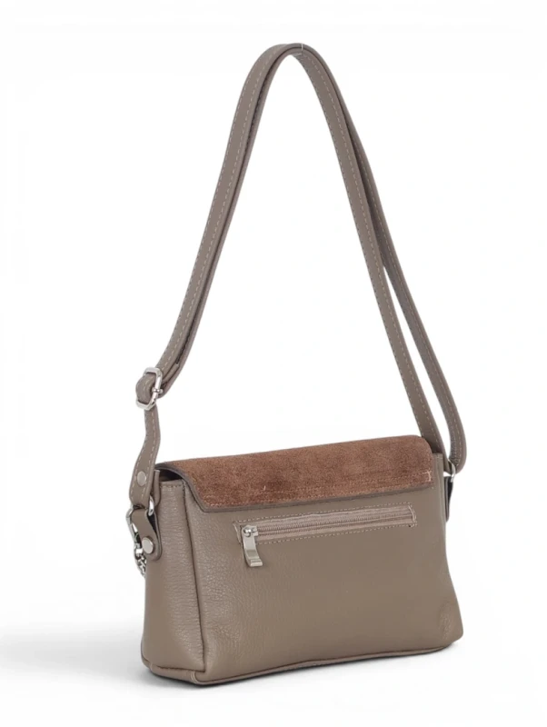 Włoska Torebka Listonoszka Vera Pelle – Mała Torba na Ramię z Zamszową Klapą | Skóra Naturalna | Taupe