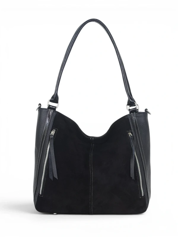 Włoska Torebka Skórzana A4 Vera Pelle – Zamszowy Shopper Bag | Skóra Naturalna | Długi pasek | Czarna