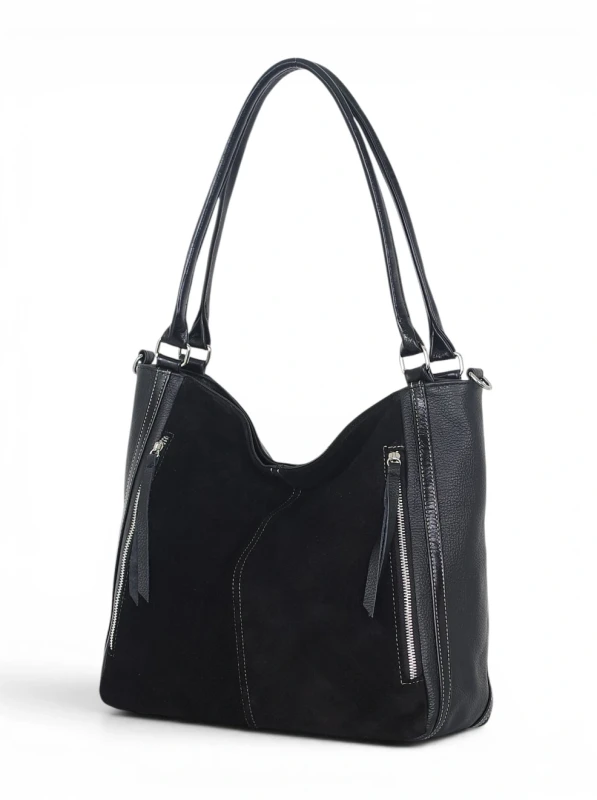 Włoska Torebka Skórzana A4 Vera Pelle – Zamszowy Shopper Bag | Skóra Naturalna | Długi pasek | Czarna