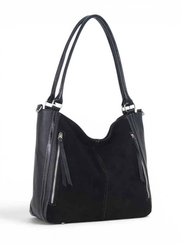 Włoska Torebka Skórzana A4 Vera Pelle – Zamszowy Shopper Bag | Skóra Naturalna | Długi pasek | Czarna