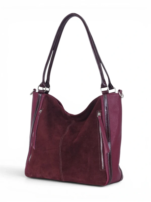 Włoska Torebka Skórzana A4 Vera Pelle – Zamszowy Shopper Bag | Skóra Naturalna | Długi pasek | Burgund
