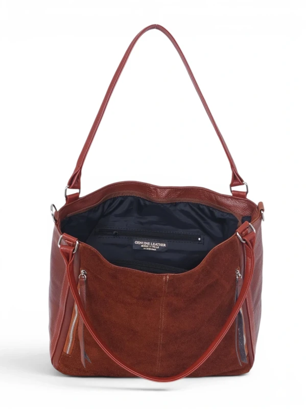 Włoska Torebka Skórzana A4 Vera Pelle – Zamszowy Shopper Bag | Skóra Naturalna | Długi pasek | Brąz cieniowany