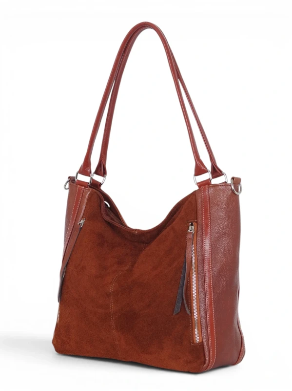 Włoska Torebka Skórzana A4 Vera Pelle – Zamszowy Shopper Bag | Skóra Naturalna | Długi pasek | Brąz cieniowany