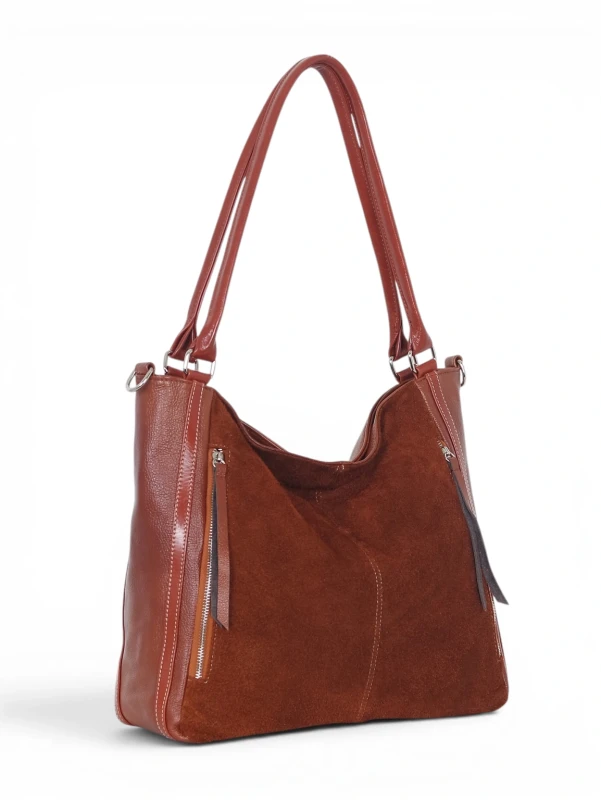 Włoska Torebka Skórzana A4 Vera Pelle – Zamszowy Shopper Bag | Skóra Naturalna | Długi pasek | Brąz cieniowany