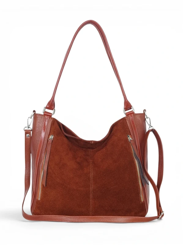 Włoska Torebka Skórzana A4 Vera Pelle – Zamszowy Shopper Bag | Skóra Naturalna | Długi pasek | Brąz cieniowany