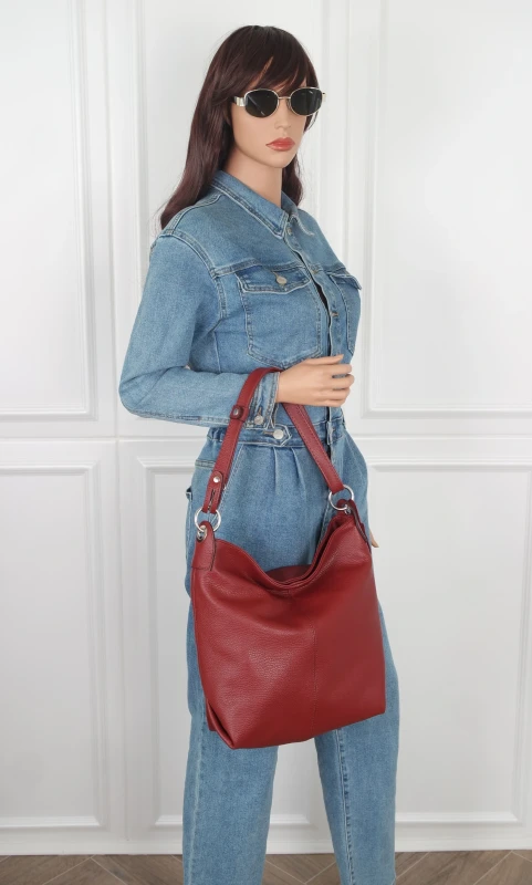 Włoska Torebka Worek Vera Pelle z Frędzlem – Skórzany Hobo Bag | Made in Italy | Bordo