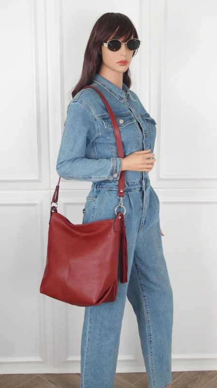 Włoska Torebka Worek Vera Pelle z Frędzlem – Skórzany Hobo Bag | Made in Italy | Bordo